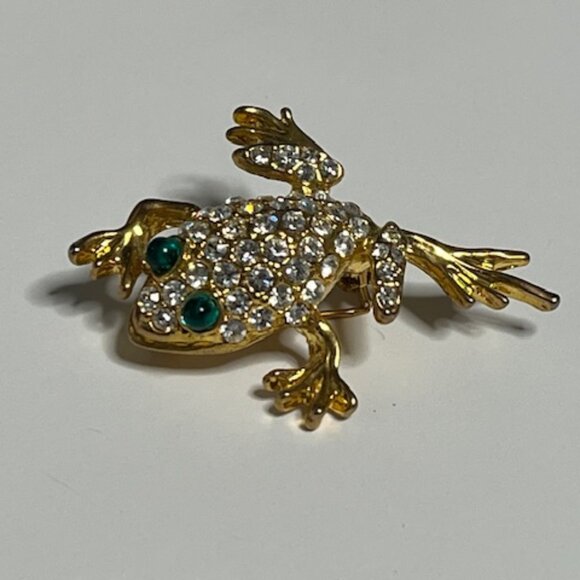 Clear Green Rhinestones Gold Tone Leaping Frog Brooch Pin 1.25" - Picture 4 of 14